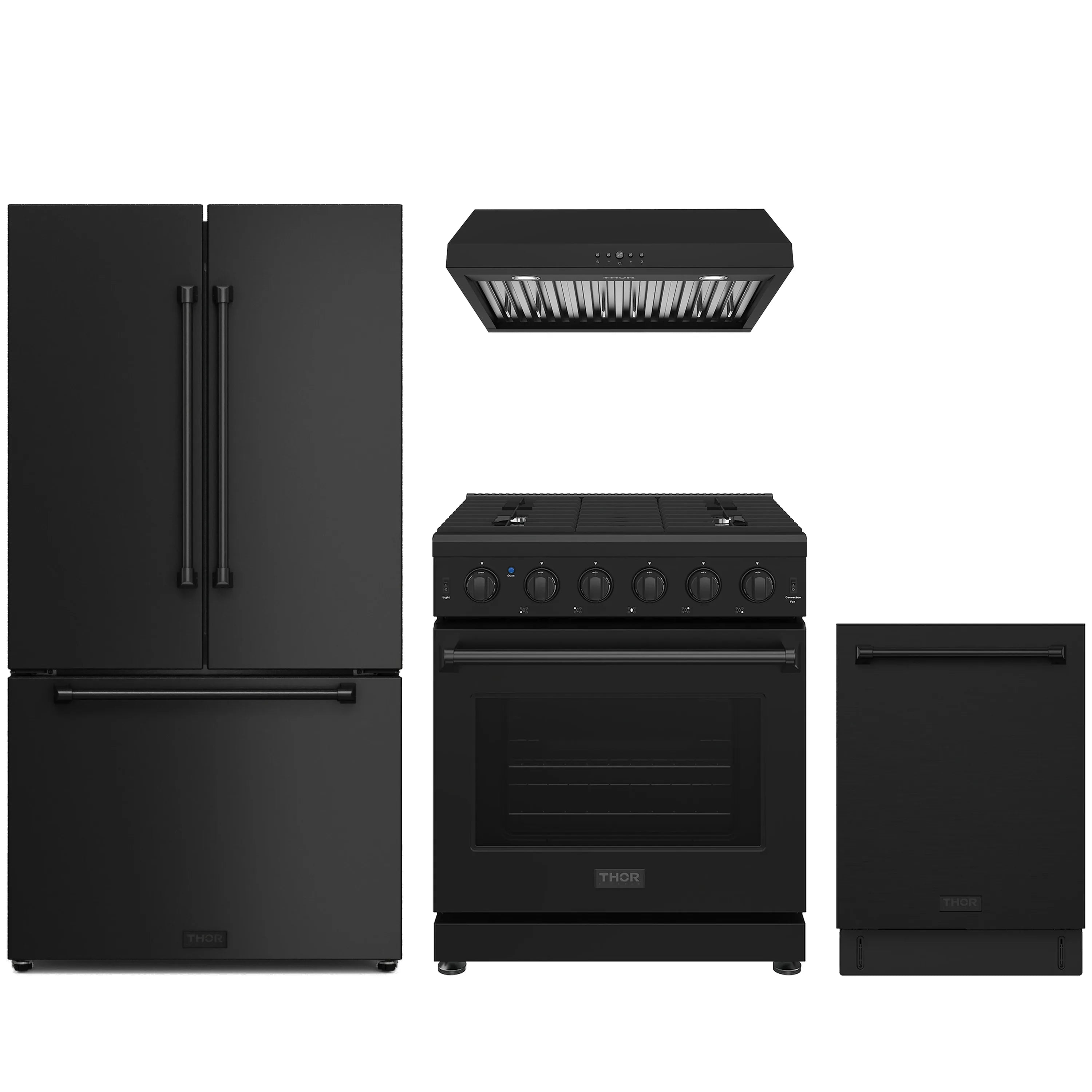 Black appliance package with gas range, French-door refrigerator, hood, and dishwasher