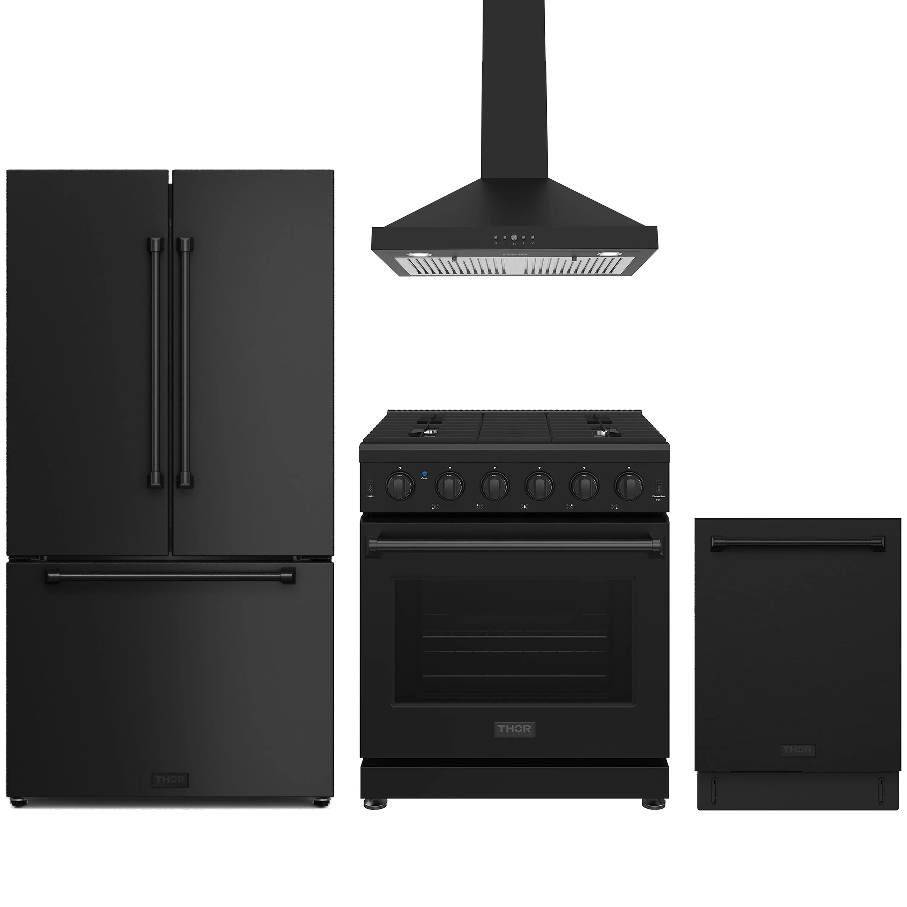 Black appliance package with French-door refrigerator, gas range, wall hood, and dishwasher