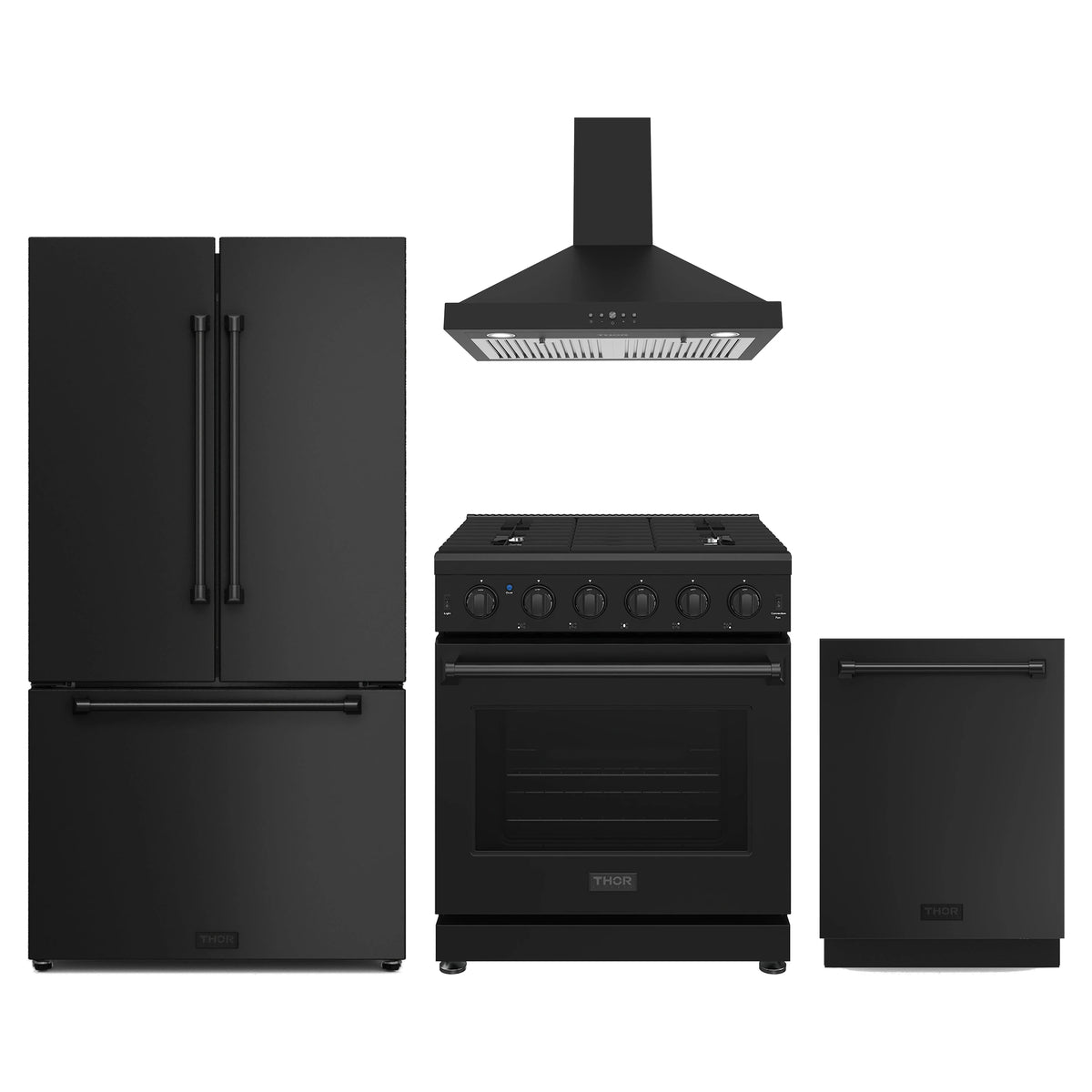Thor Kitchen 4-Piece Appliance Package - 30-Inch Propane Gas Range, Counter-Depth Refrigerator, Wall Mount Hood, & Dishwasher in Black