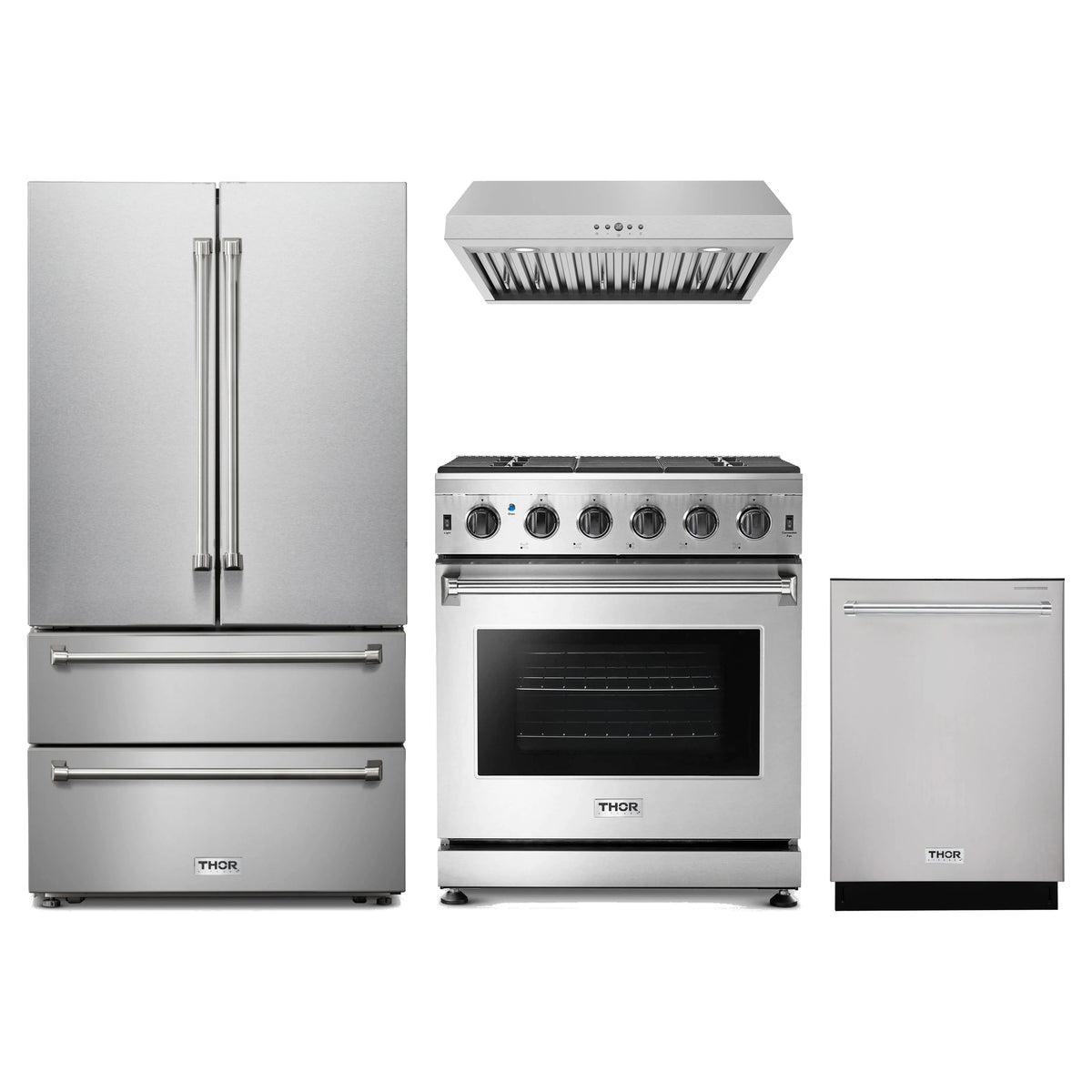 Thor Kitchen 4-Piece Appliance Package - 30-Inch Propane Gas Range, French Door Refrigerator, Under Cabinet Hood, & Dishwasher in Stainless Steel