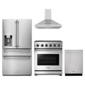 Thor Kitchen 4-Piece Appliance Package - 30-Inch Propane Gas Range, Refrigerator with Water Dispenser, Wall Mount Hood, & Dishwasher in Stainless Steel