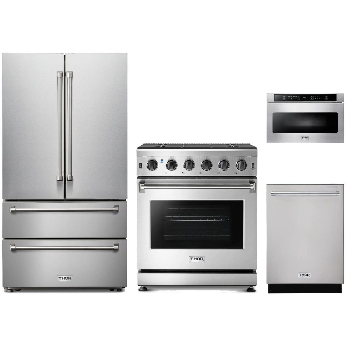 Stainless steel appliance set with French door refrigerator, gas range, dishwasher, and microwave drawer