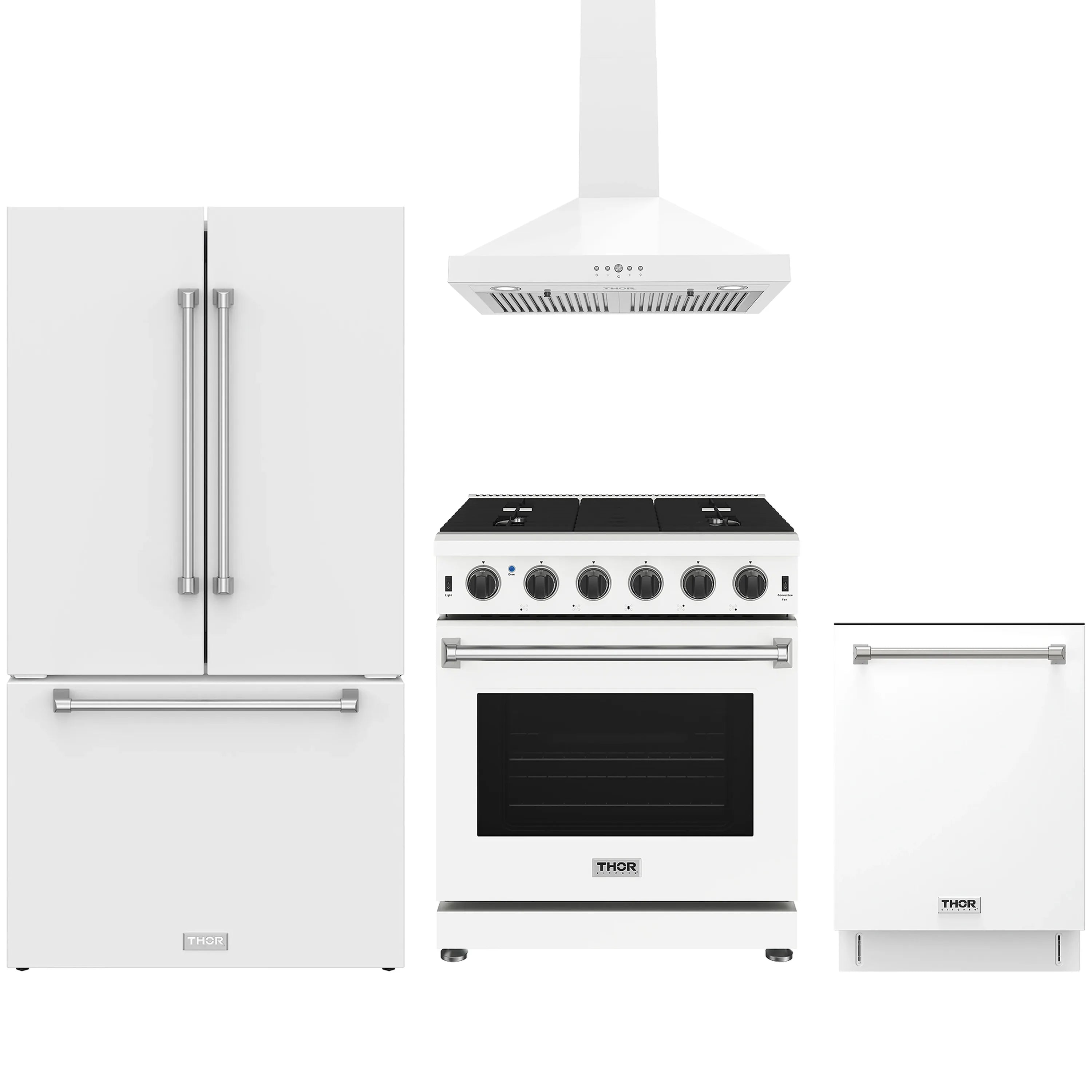 White kitchen appliance package with French-door refrigerator, wall hood, range, and dishwasher