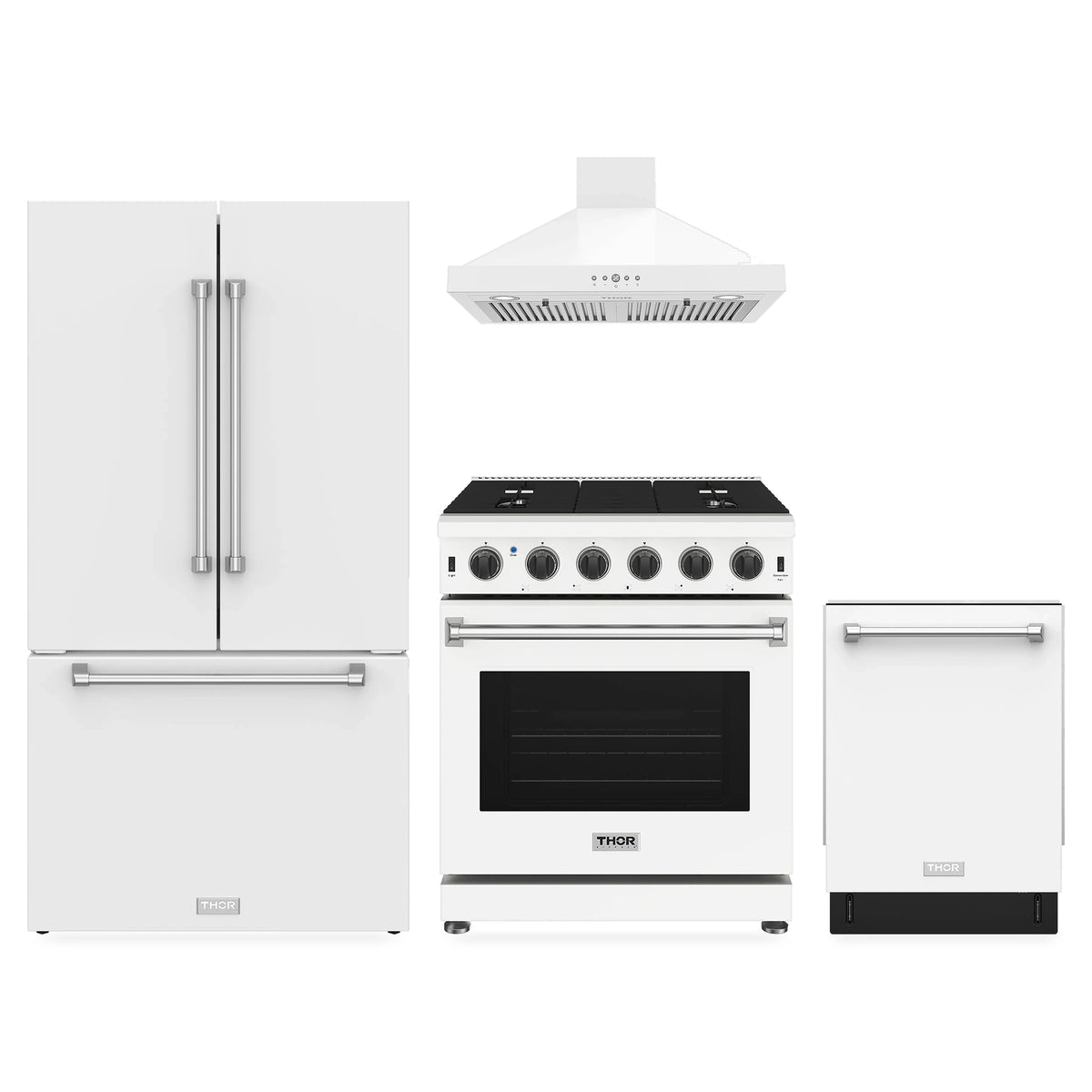 Thor Kitchen 4-Piece Appliance Package - 30-Inch Propane Gas Range, Counter-Depth Refrigerator, Wall Mount Hood, & Dishwasher in White