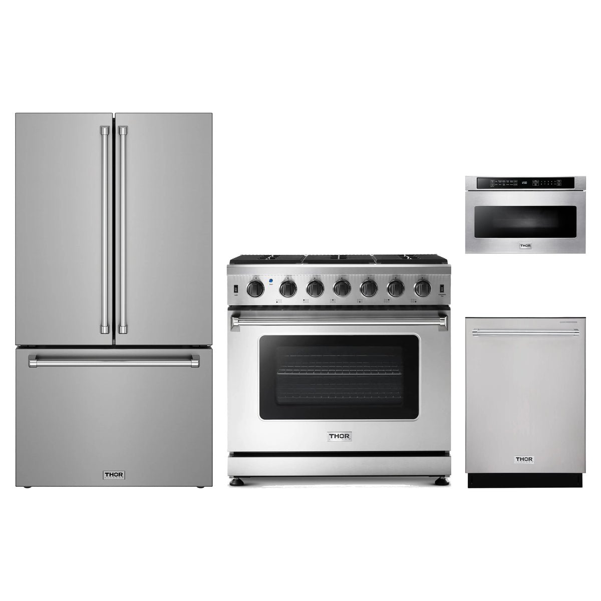 Thor Kitchen 4-Piece Appliance Package - 36-Inch Natural Gas Range, Counter-Depth Refrigerator, Dishwasher, & Microwave Drawer in Stainless Steel
