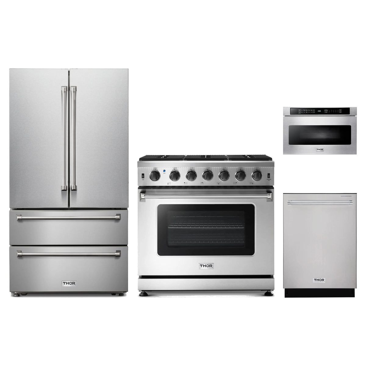 Thor Kitchen 4-Piece Appliance Package - 36-Inch Natural Gas Range, French Door Refrigerator, Dishwasher, & Microwave Drawer in Stainless Steel