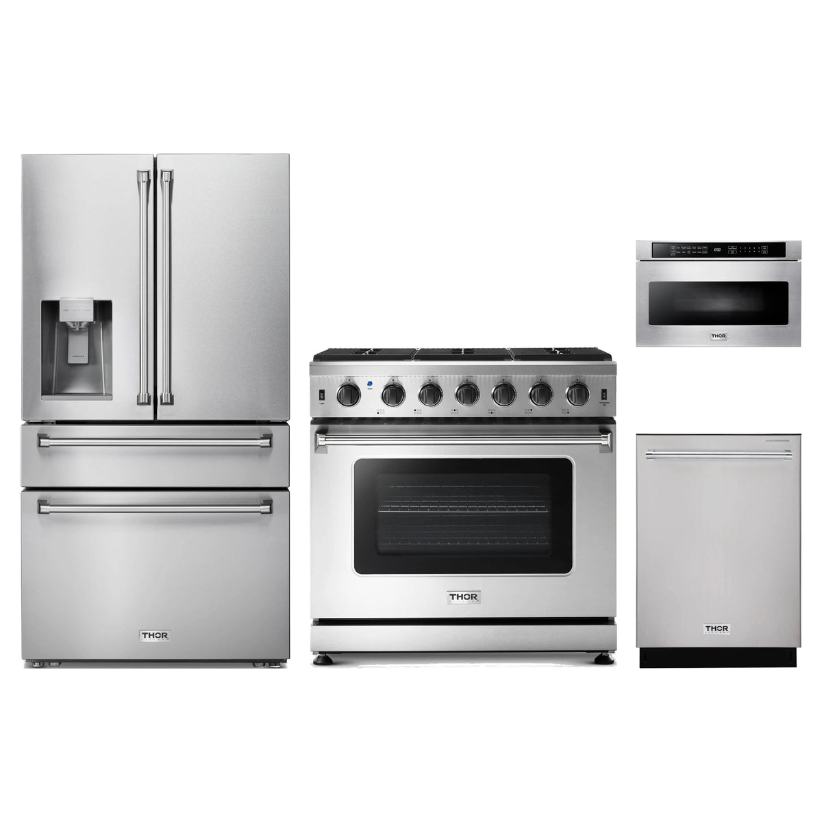 Thor Kitchen 4-Piece Appliance Package - 36-Inch Natural Gas Range, Refrigerator with Water Dispenser, Dishwasher, & Microwave Drawer in Stainless Steel