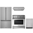 Stainless steel Thor Kitchen appliance package with 36-inch range, range hood, counter-depth refrigerator, dishwasher