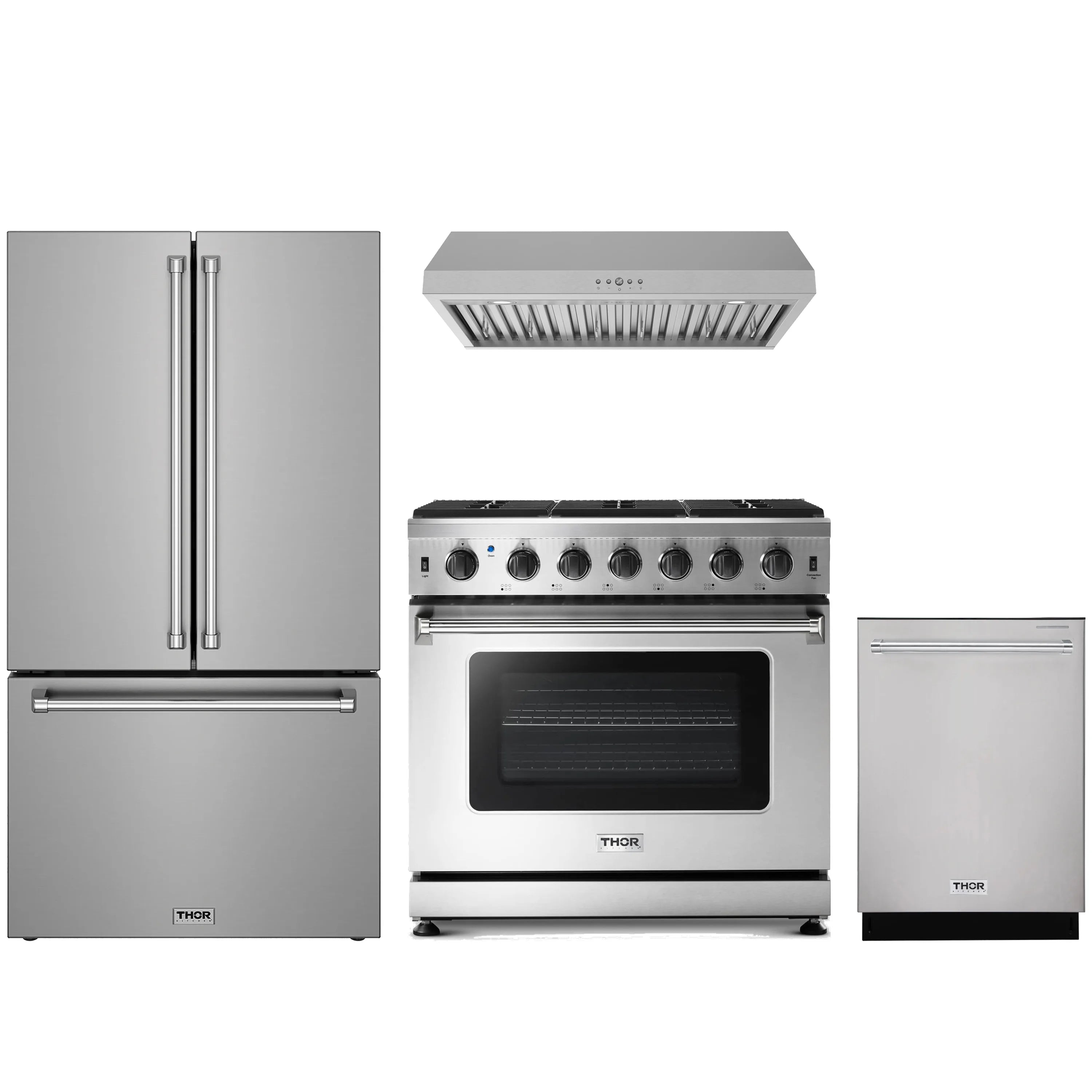 Stainless steel appliance package: fridge, gas range, under-cabinet hood, and dishwasher