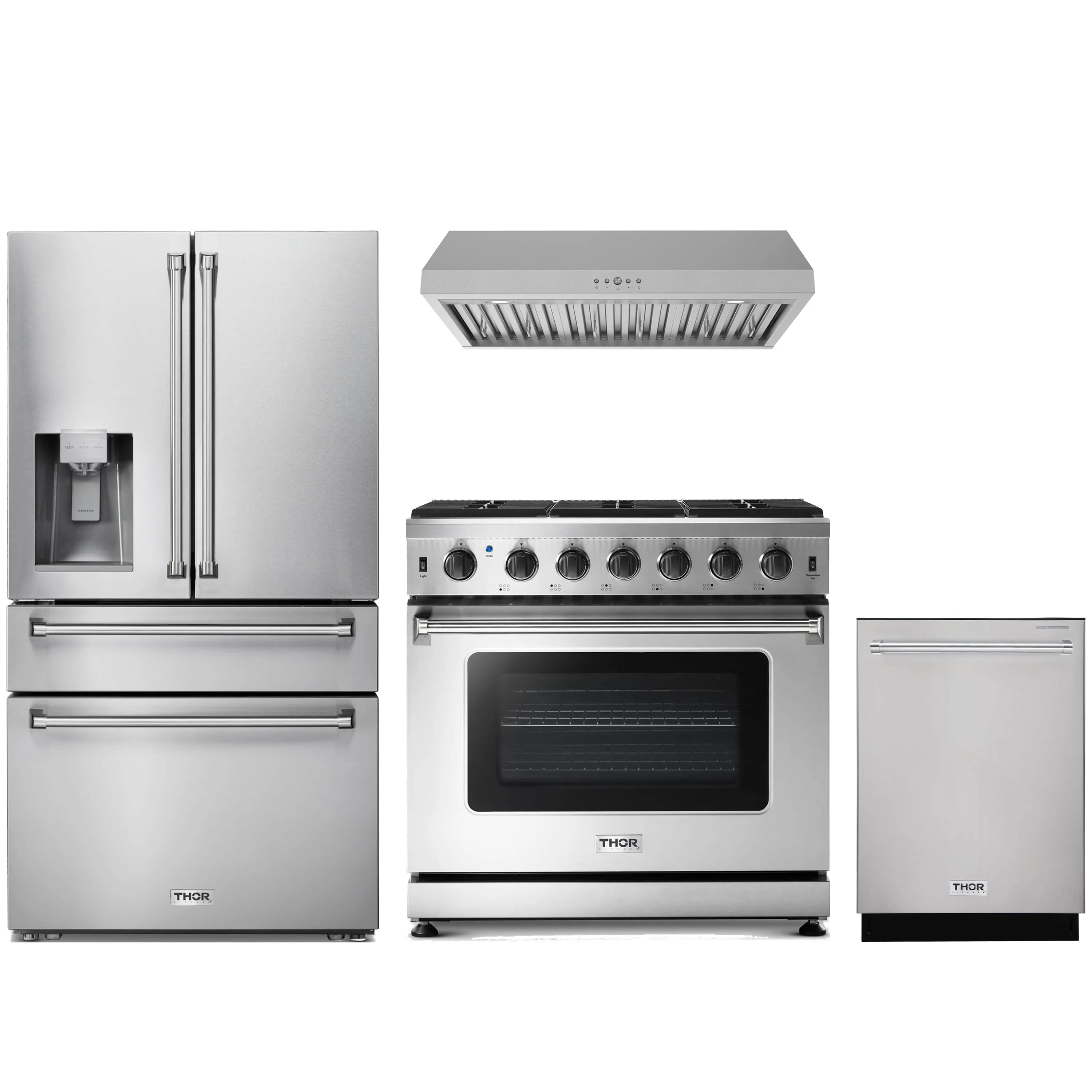 Stainless steel Thor Kitchen appliance package with 36-inch range, range hood, refrigerator with water dispenser, dishwasher