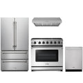 Thor Kitchen 4-Piece Appliance Package - 36-Inch Natural Gas Range, French Door Refrigerator, Under Cabinet Hood, & Dishwasher in Stainless Steel