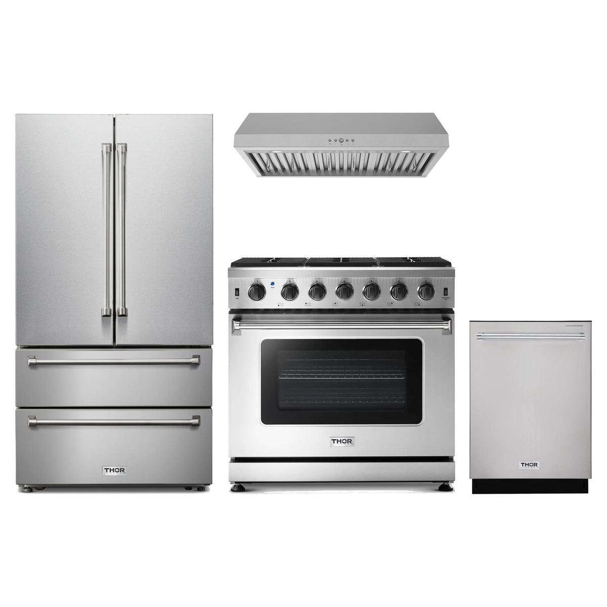 Thor Kitchen 4-Piece Appliance Package - 36-Inch Natural Gas Range, French Door Refrigerator, Under Cabinet Hood, & Dishwasher in Stainless Steel