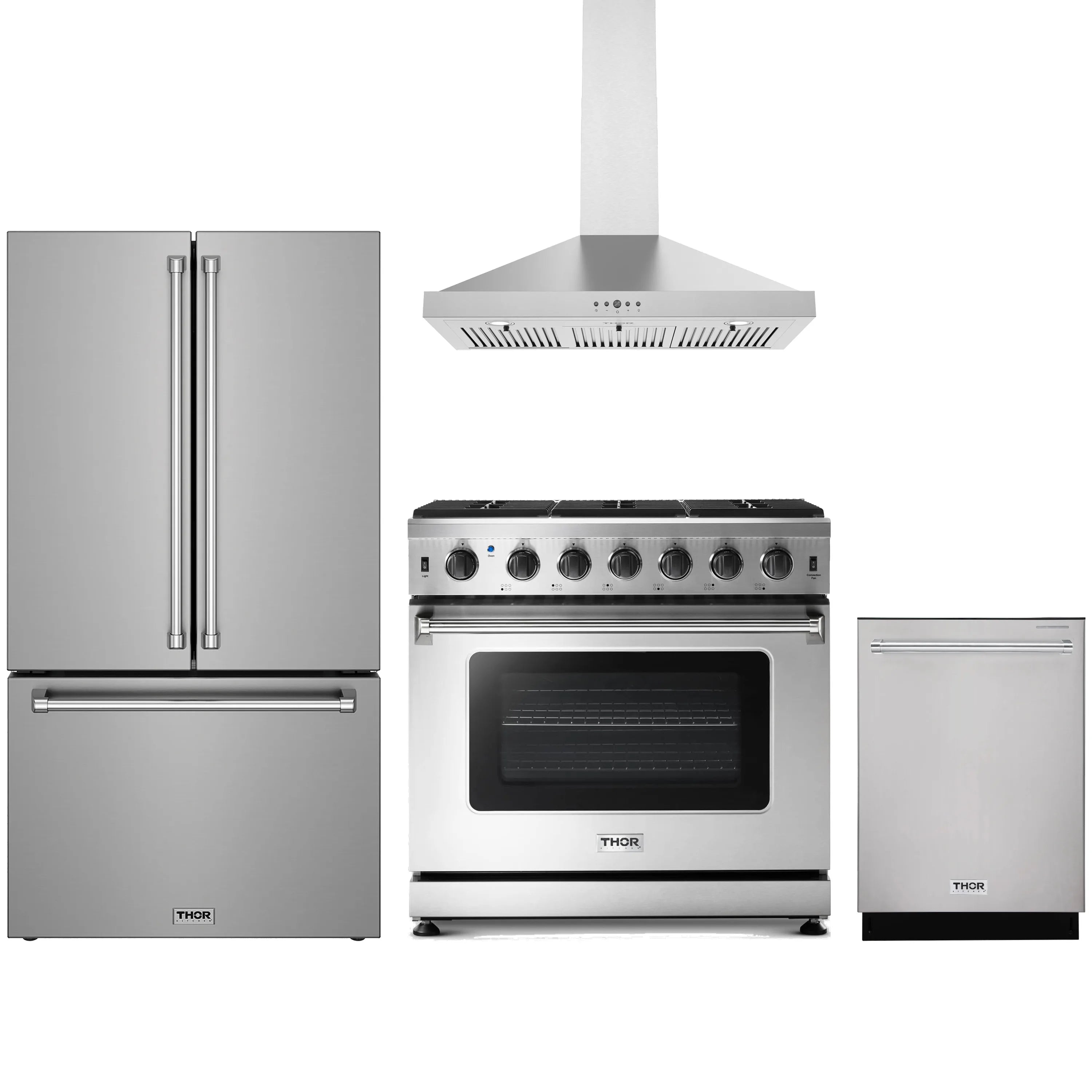 Stainless kitchen appliance package with fridge, gas range, wall hood, and dishwasher
