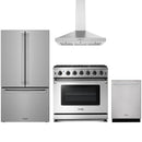 Stainless steel Thor Kitchen appliance package with 36-inch range, range hood, counter-depth refrigerator, dishwasher
