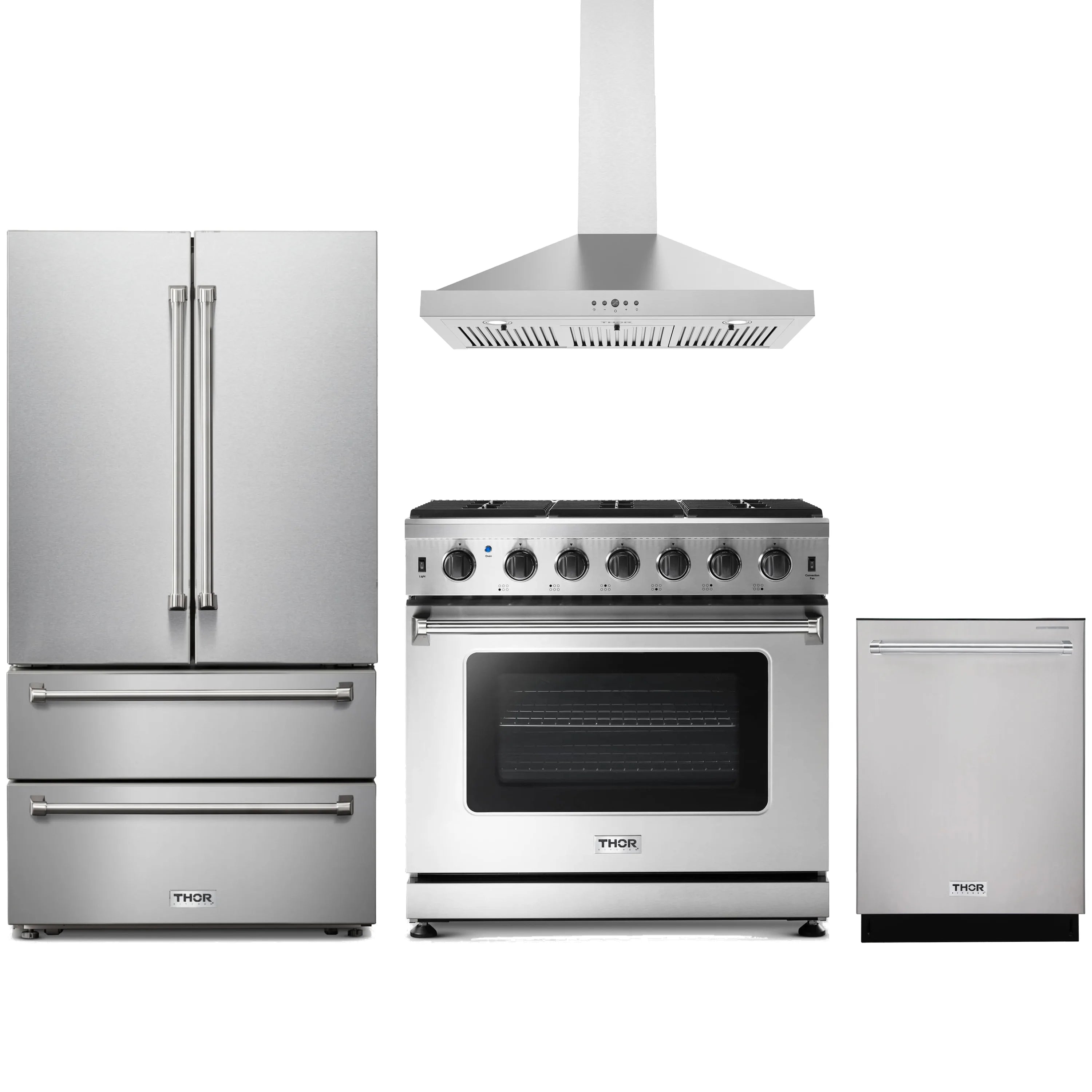 Stainless steel French-door refrigerator with gas range and built-in dishwasher