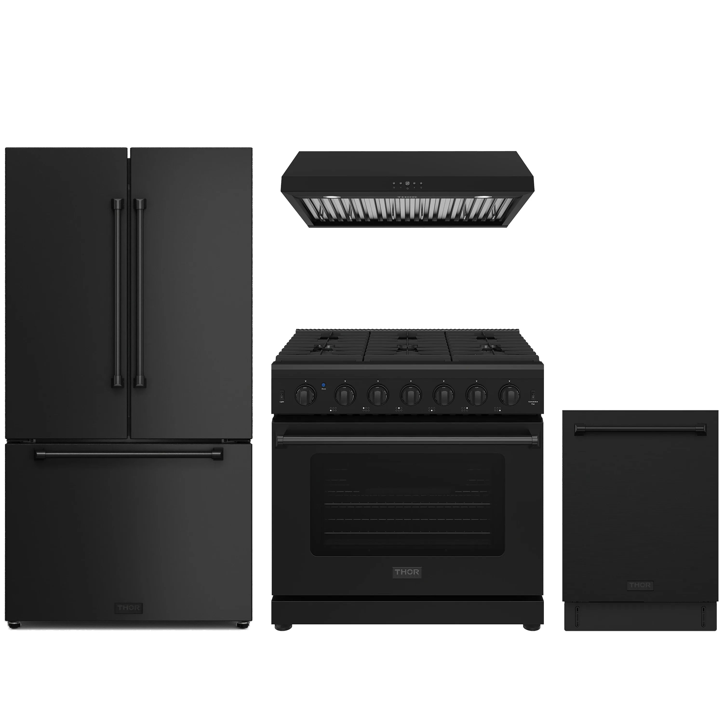 Black French door refrigerator, black gas range, and black dishwasher in one view