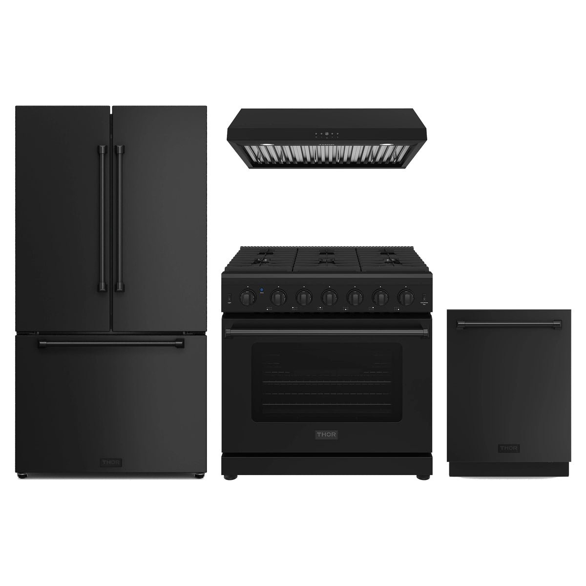 Thor Kitchen 4-Piece Appliance Package - 36-Inch Propane Gas Range, Counter-Depth Refrigerator, Under Cabinet Hood, & Dishwasher in Black