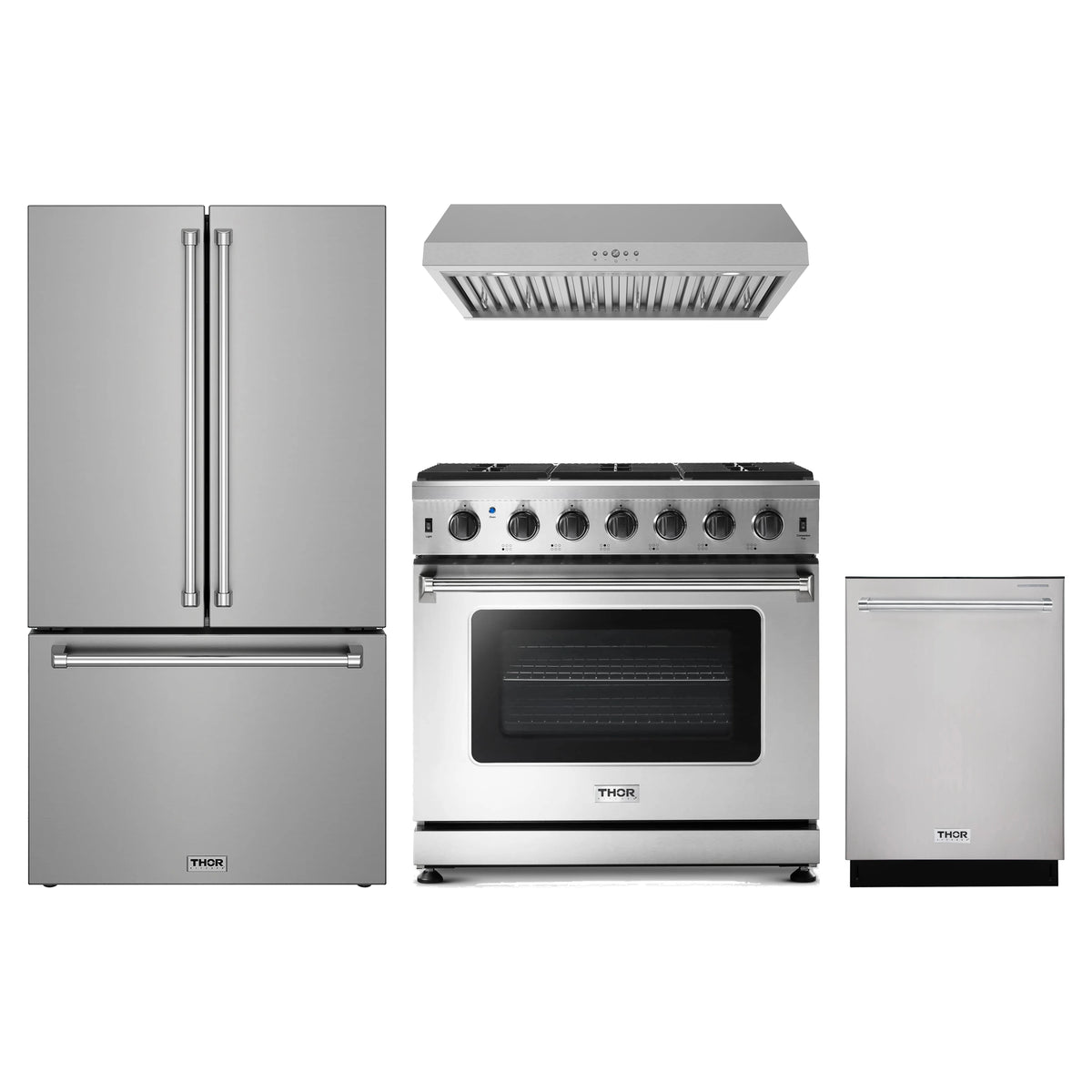 Thor Kitchen 4-Piece Appliance Package - 36-Inch Propane Gas Range, Counter-Depth Refrigerator, Under Cabinet Hood, & Dishwasher in Stainless Steel