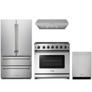 Stainless steel Thor Kitchen appliance package with 36-inch range, range hood, french door refrigerator, dishwasher