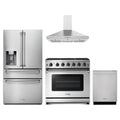 Thor Kitchen 4-Piece Appliance Package - 36-Inch Propane Gas Range, Refrigerator with Water Dispenser, Wall Mount Hood, & Dishwasher in Stainless Steel