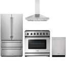 Stainless steel Thor Kitchen appliance package with 36-inch range, range hood, french door refrigerator, dishwasher