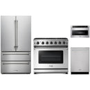 Stainless steel Thor Kitchen appliance package with 36-inch range, french door refrigerator, dishwasher, microwave drawer
