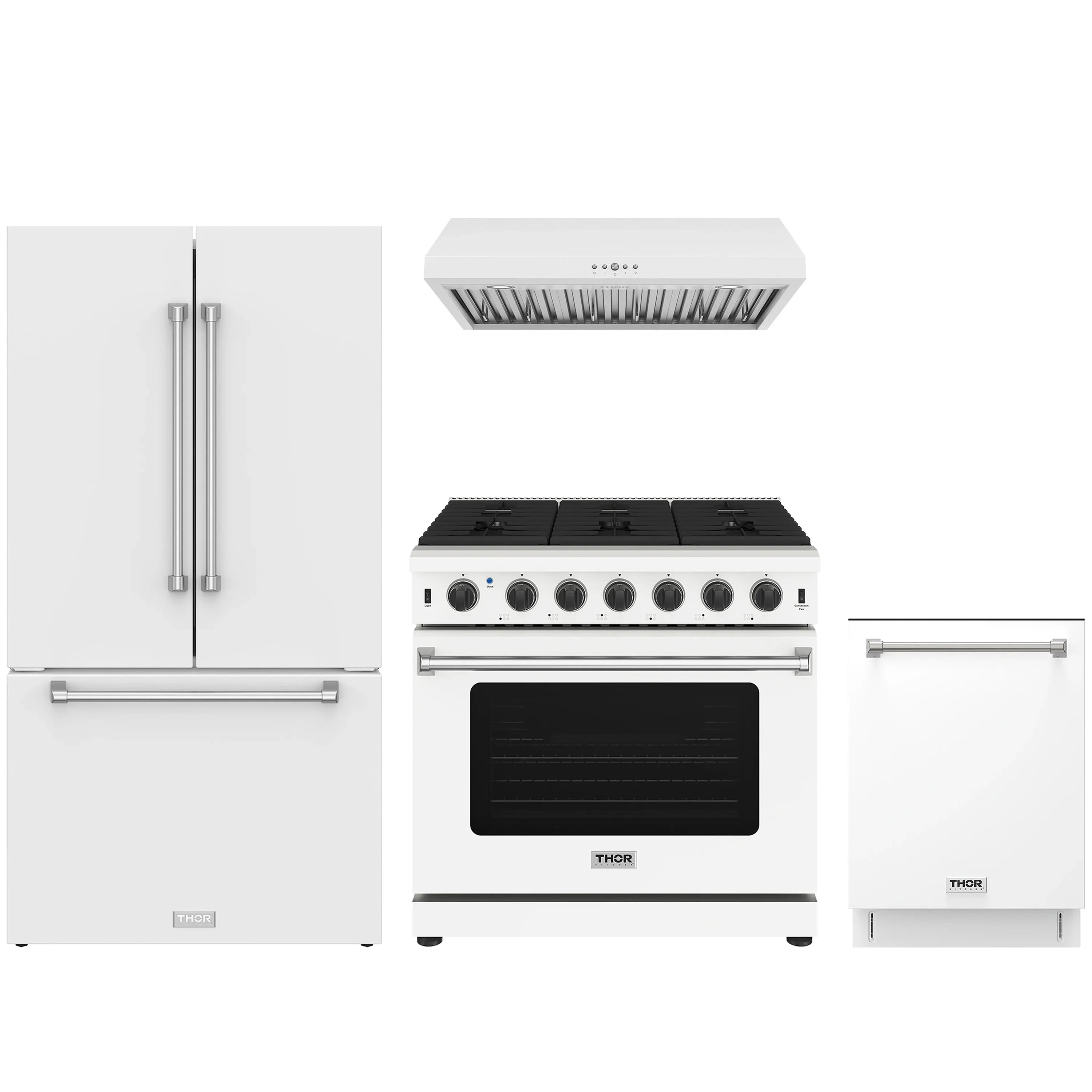 White appliance package set with refrigerator, range, hood, and dishwasher
