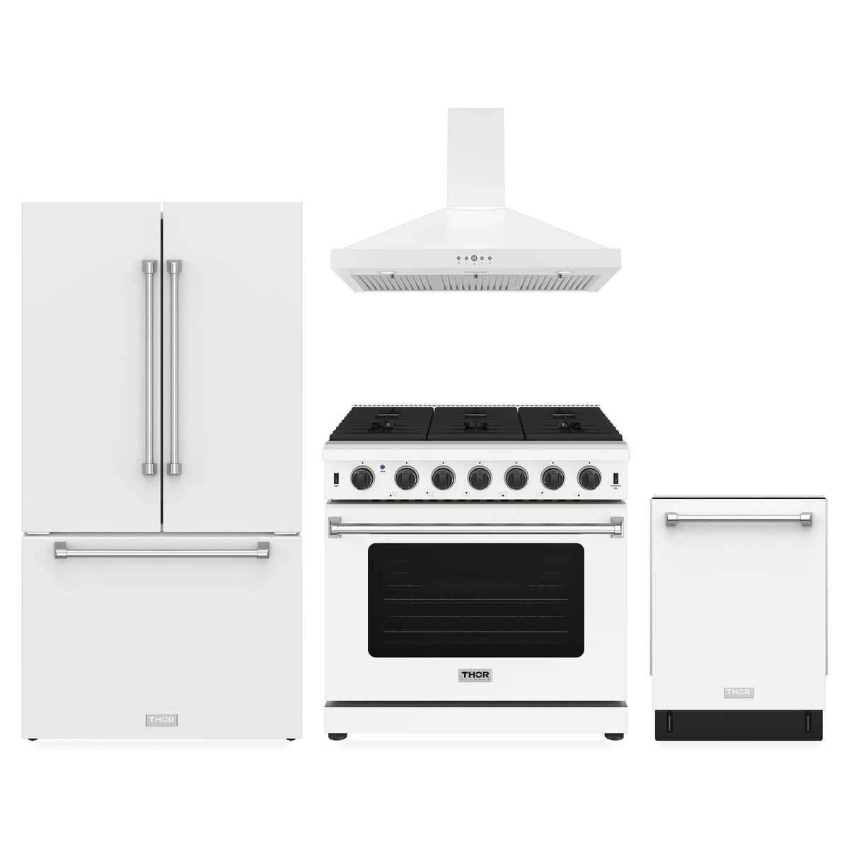 Thor Kitchen 4-Piece Appliance Package - 36-Inch Natural Gas Range, Counter-Depth Refrigerator, Wall Mount Hood, & Dishwasher in White
