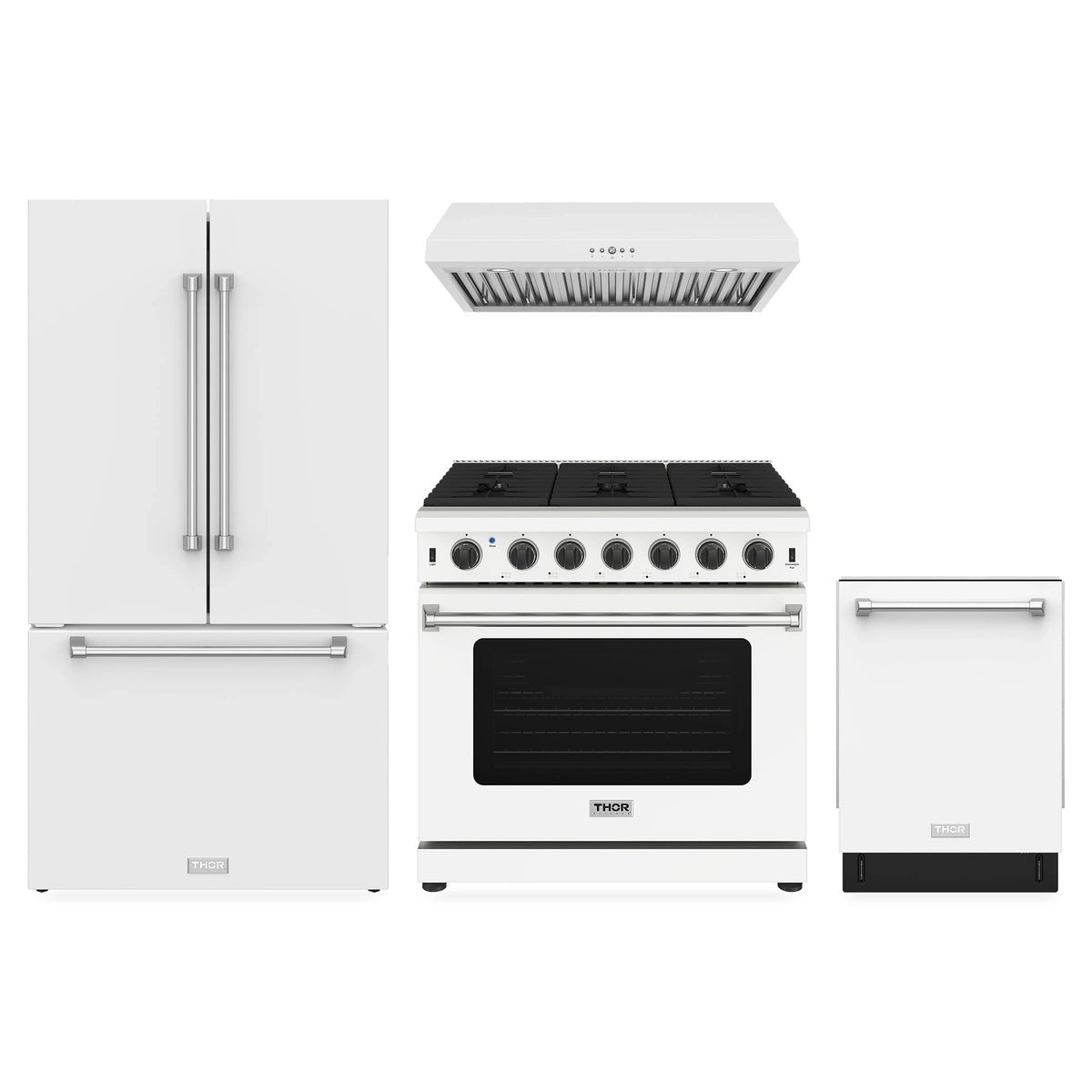 Thor Kitchen 4-Piece Appliance Package - 36-Inch Propane Gas Range, Counter-Depth Refrigerator, Under Cabinet Hood, & Dishwasher in White