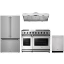 Stainless steel Thor Kitchen appliance package with 48-inch range, range hood, counter-depth refrigerator, dishwasher