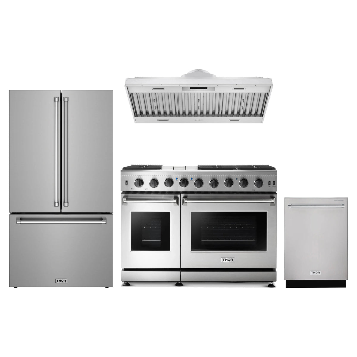 Thor Kitchen 4-Piece Appliance Package - 48-Inch Natural Gas Range, Counter-Depth Refrigerator, Hood Insert, & Dishwasher in Stainless Steel