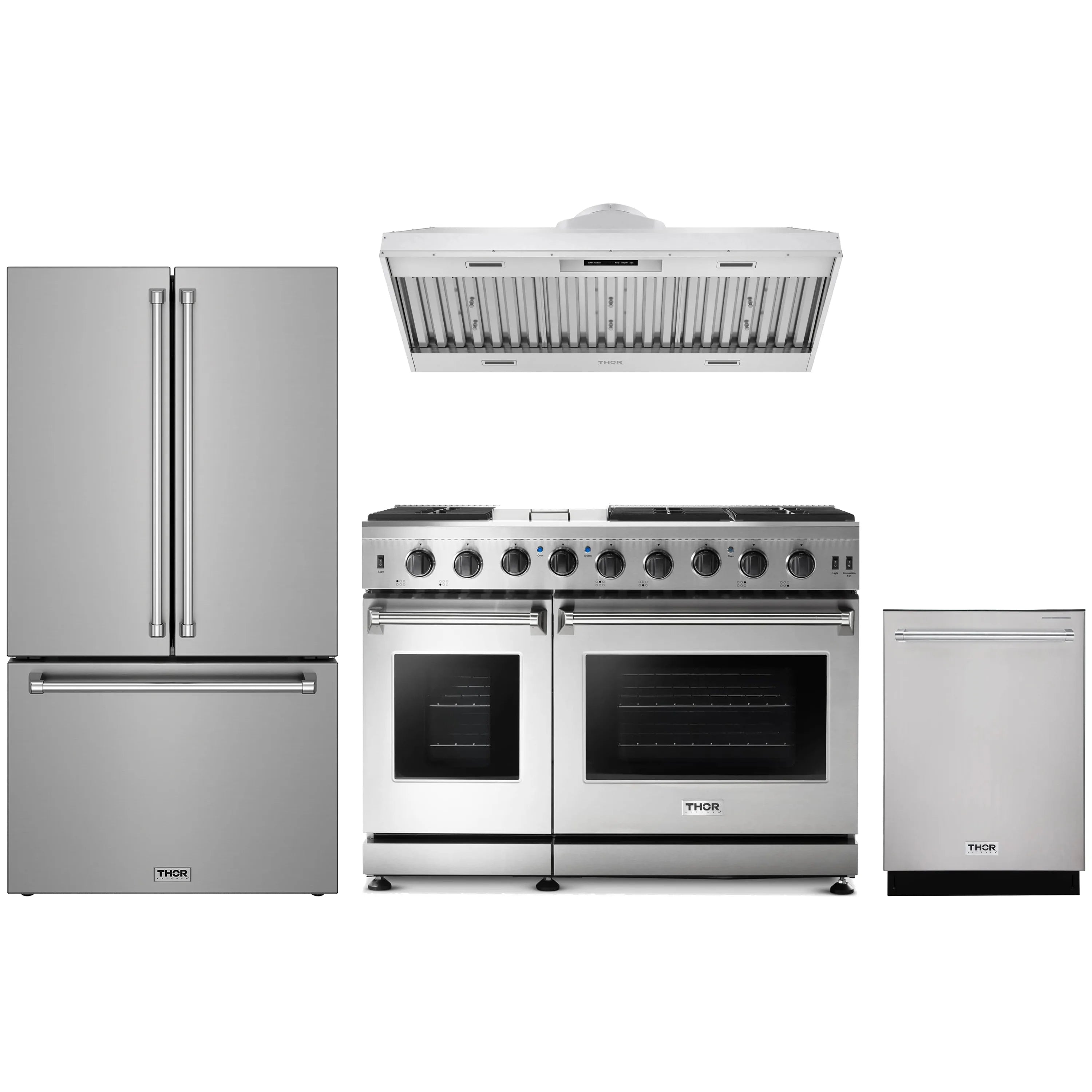Stainless steel kitchen appliance package set with range, refrigerator, hood insert, and dishwasher