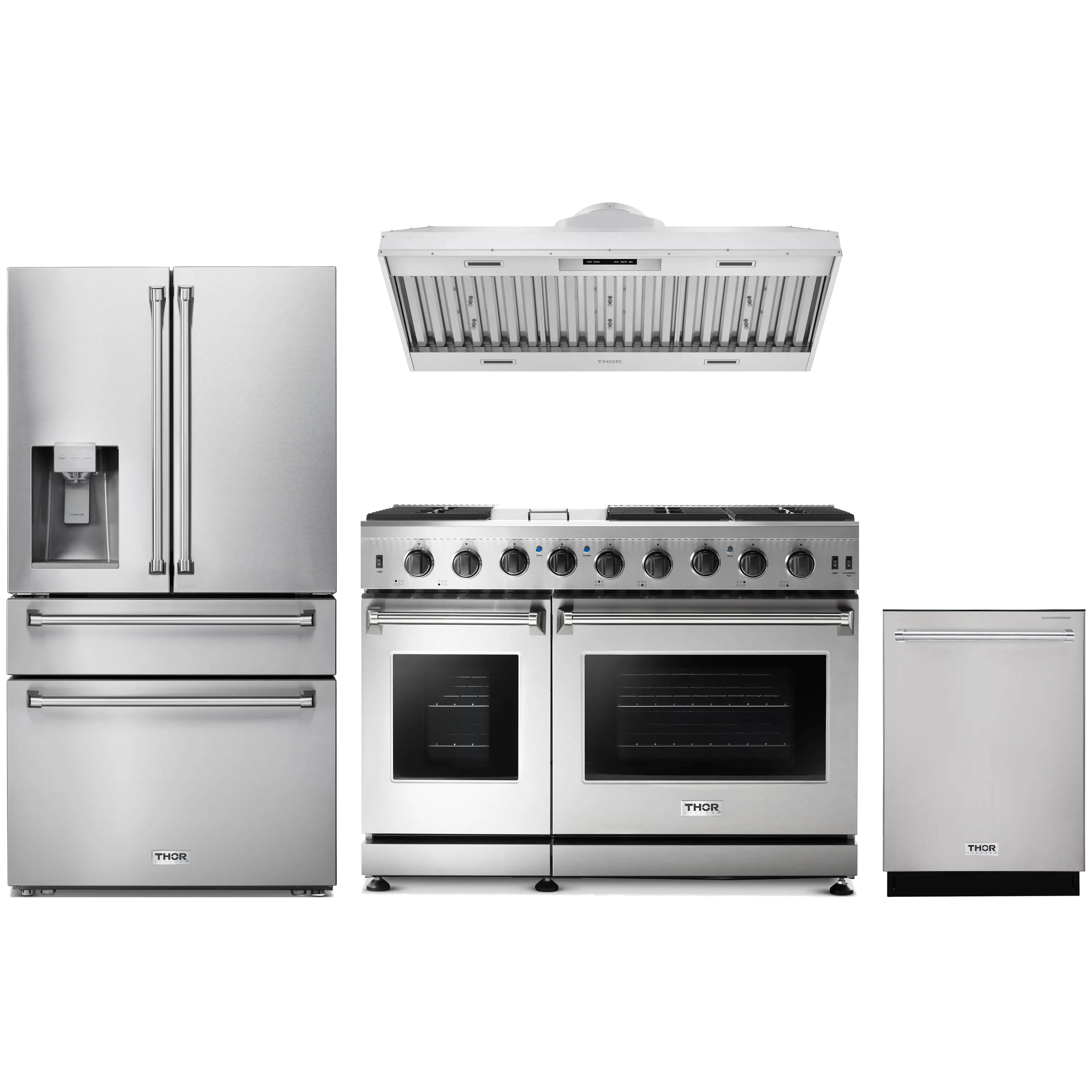 4-piece stainless steel appliance package: range, refrigerator, hood, and dishwasher