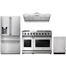 Stainless steel Thor Kitchen appliance package with 48-inch range, range hood, refrigerator with water dispenser, dishwasher