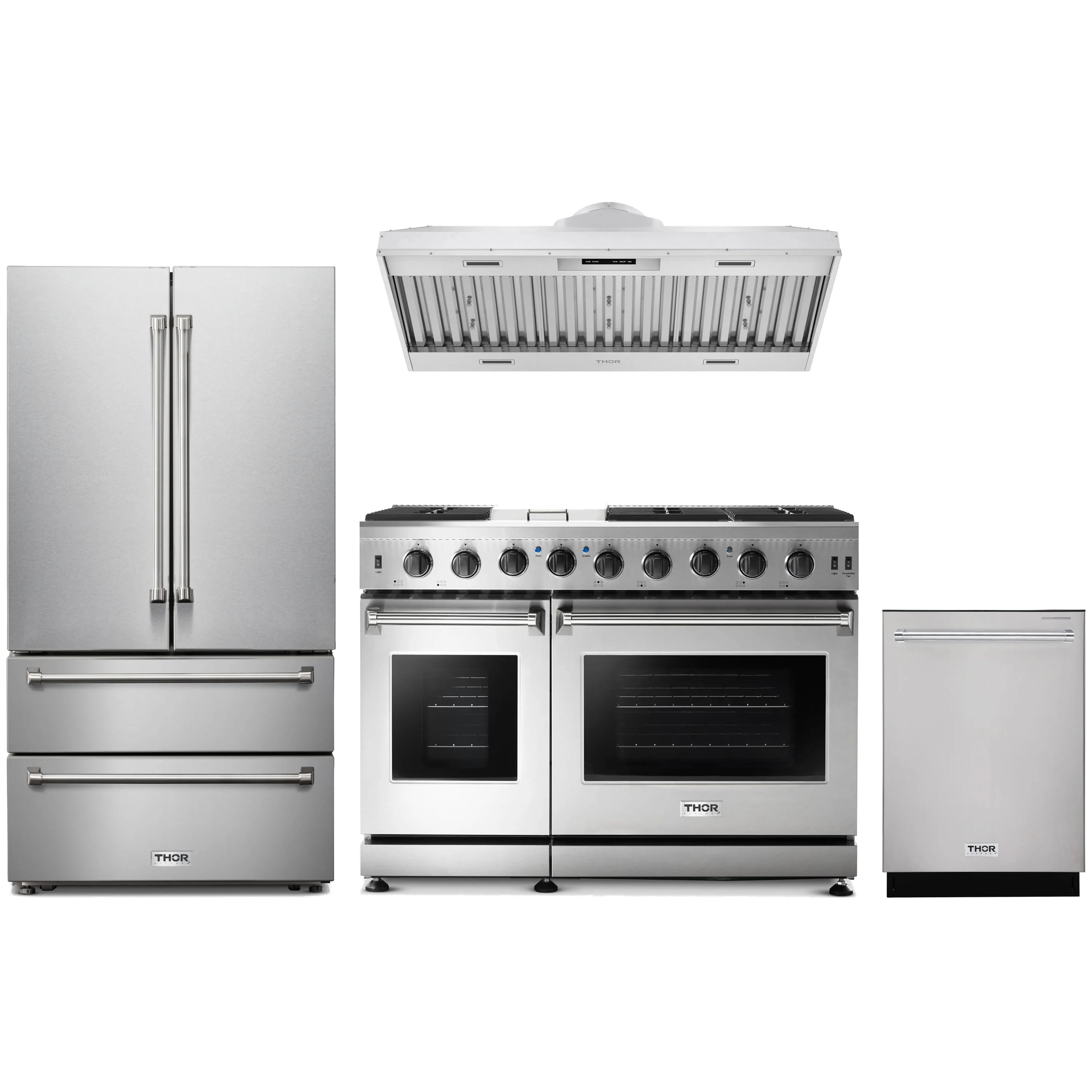 Stainless steel Thor Kitchen 4-piece appliance package with gas range, refrigerator, hood
