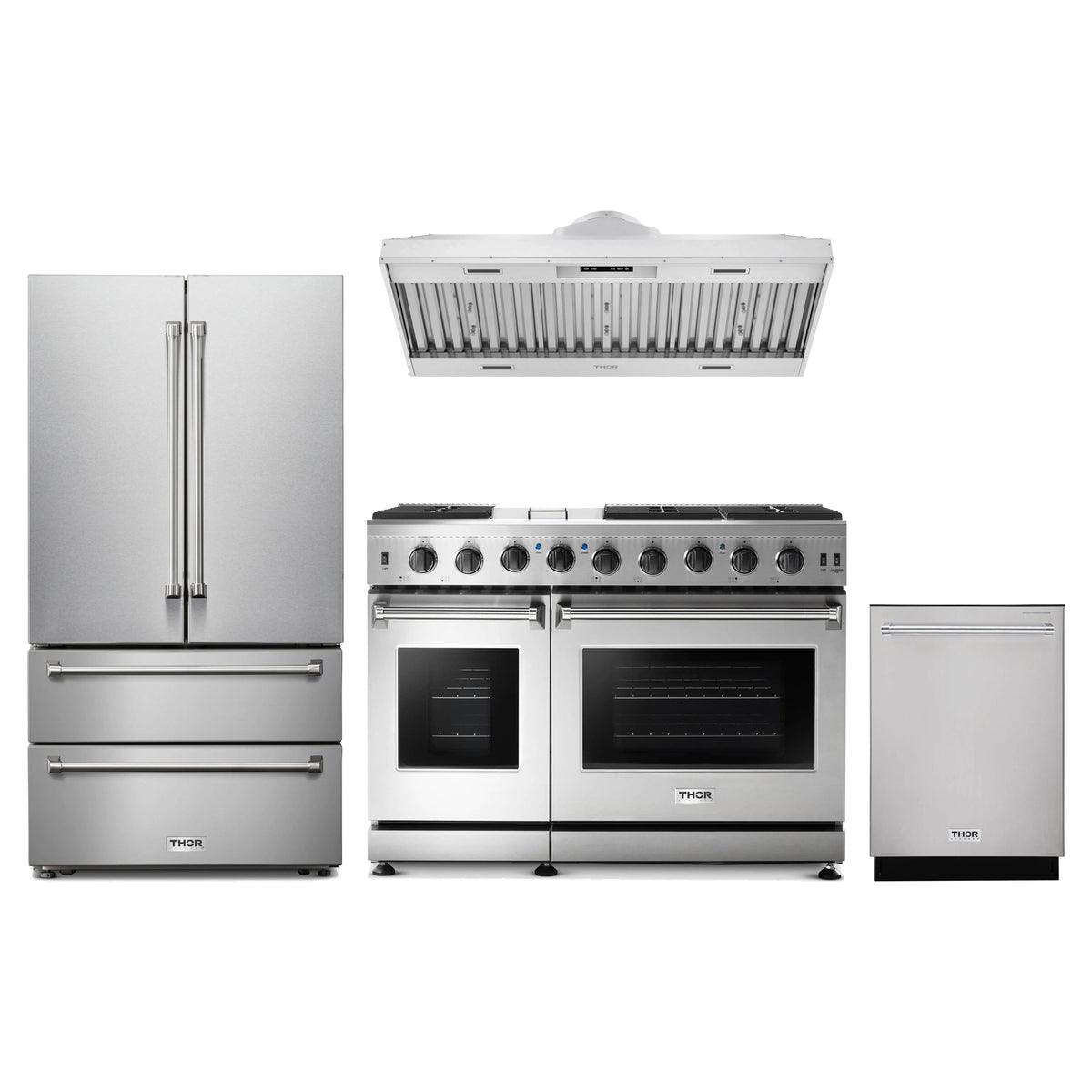 Thor Kitchen 4-Piece Appliance Package - 48-Inch Natural Gas Range, French Door Refrigerator, Hood Insert, & Dishwasher in Stainless Steel