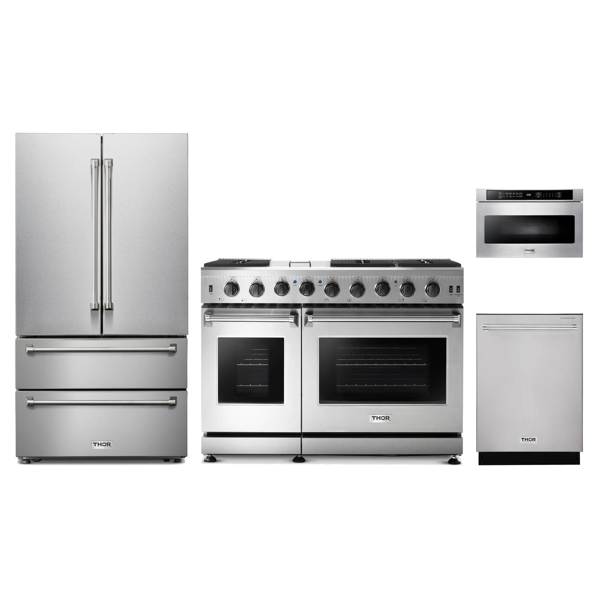 Thor Kitchen 4-Piece Appliance Package - 48-Inch Natural Gas Range, French Door Refrigerator, Dishwasher, & Microwave Drawer in Stainless Steel