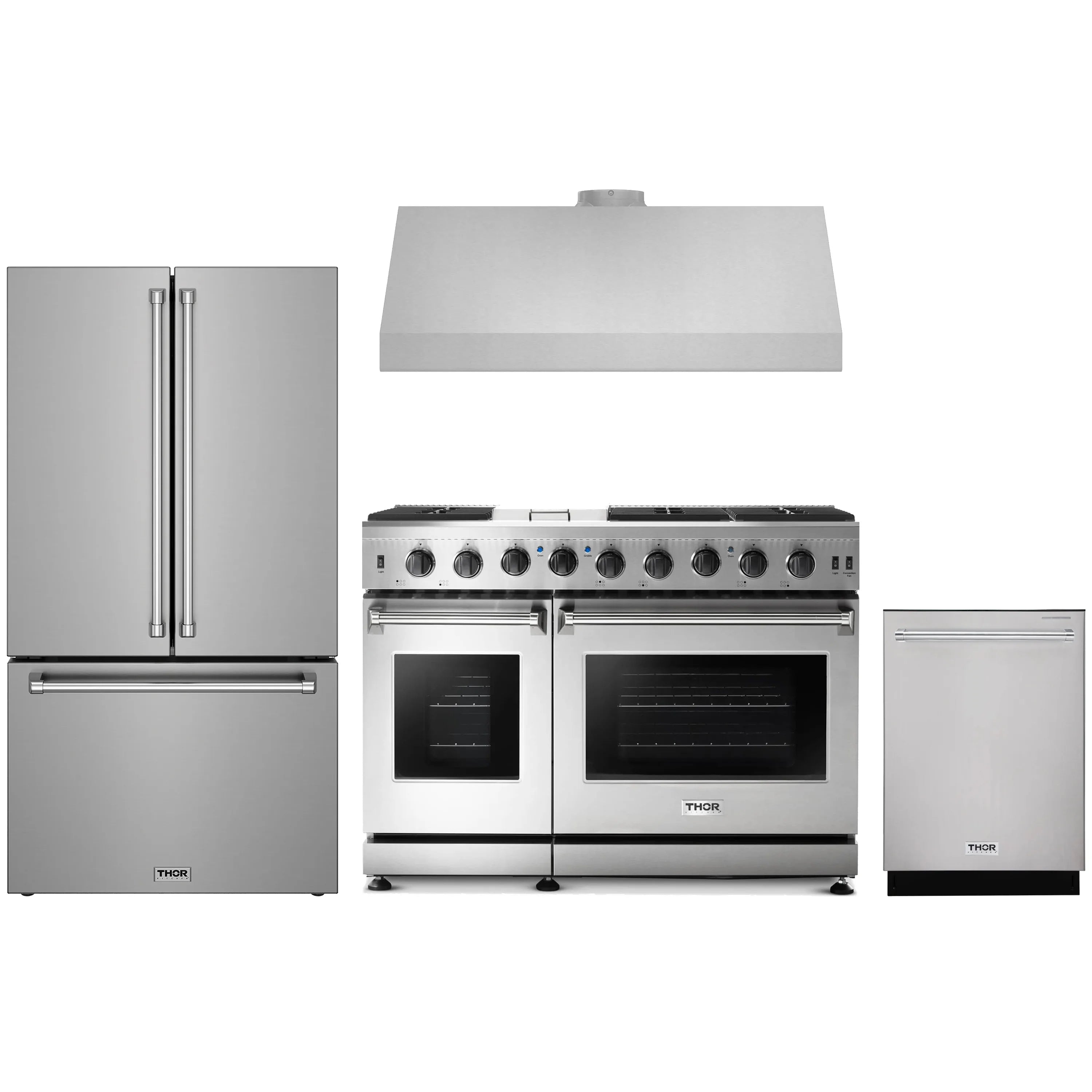 Stainless steel Thor gas range with grates, dual ovens, and front control panel