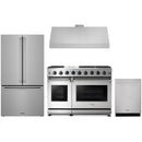 Stainless steel Thor Kitchen appliance package with 48-inch range, range hood, counter-depth refrigerator, dishwasher