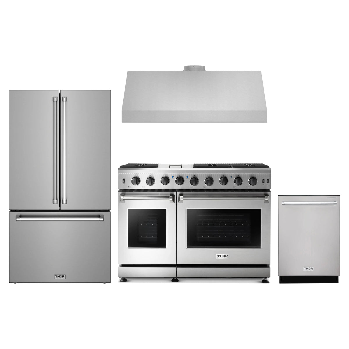 Thor Kitchen 4-Piece Appliance Package - 48-Inch Natural Gas Range, Counter-Depth Refrigerator, Under Cabinet Hood, & Dishwasher in Stainless Steel