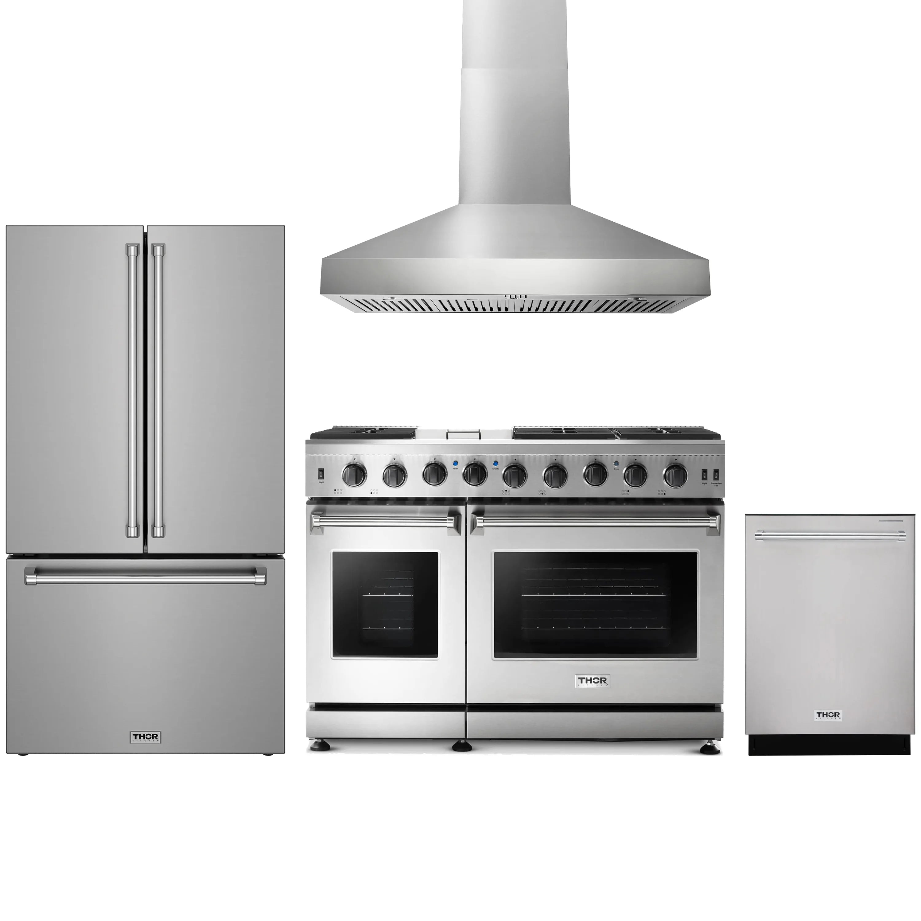 Stainless steel appliance package with gas range, wall hood, refrigerator and dishwasher