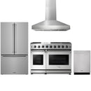 Stainless steel Thor Kitchen appliance package with 48-inch range, range hood, counter-depth refrigerator, dishwasher