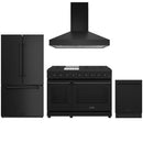 Black kitchen appliance set: refrigerator, range with hood, and side storage cabinets