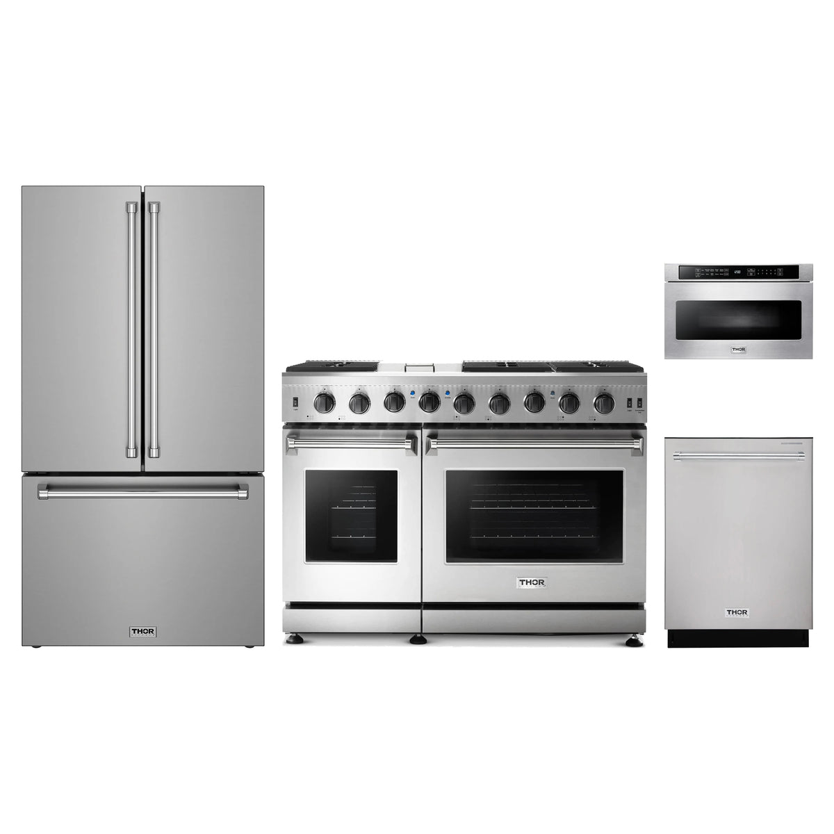 Thor Kitchen 4-Piece Appliance Package - 48-Inch Propane Gas Range, Counter-Depth Refrigerator, Dishwasher, & Microwave Drawer in Stainless Steel