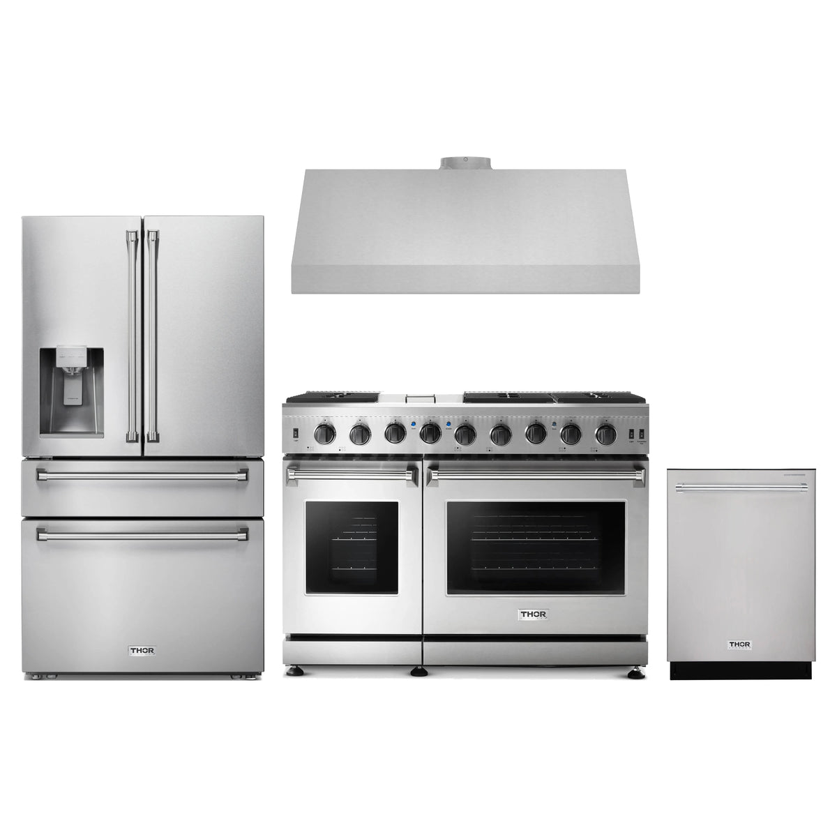 Thor Kitchen 4-Piece Appliance Package - 48-Inch Propane Gas Range, Refrigerator with Water Dispenser, Under Cabinet Hood, & Dishwasher in Stainless Steel
