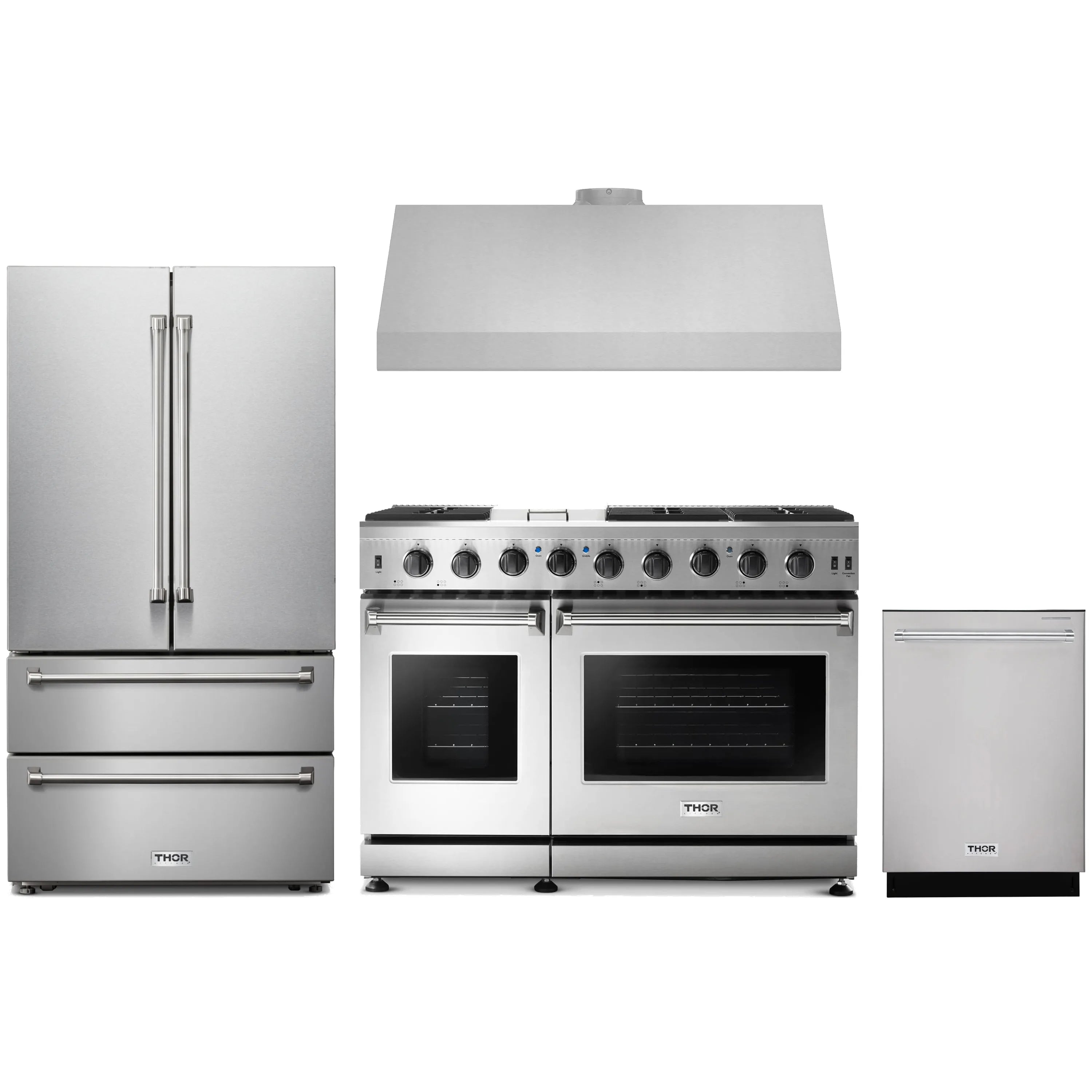 Stainless steel appliance package with gas range, French door refrigerator, hood, and dishwasher