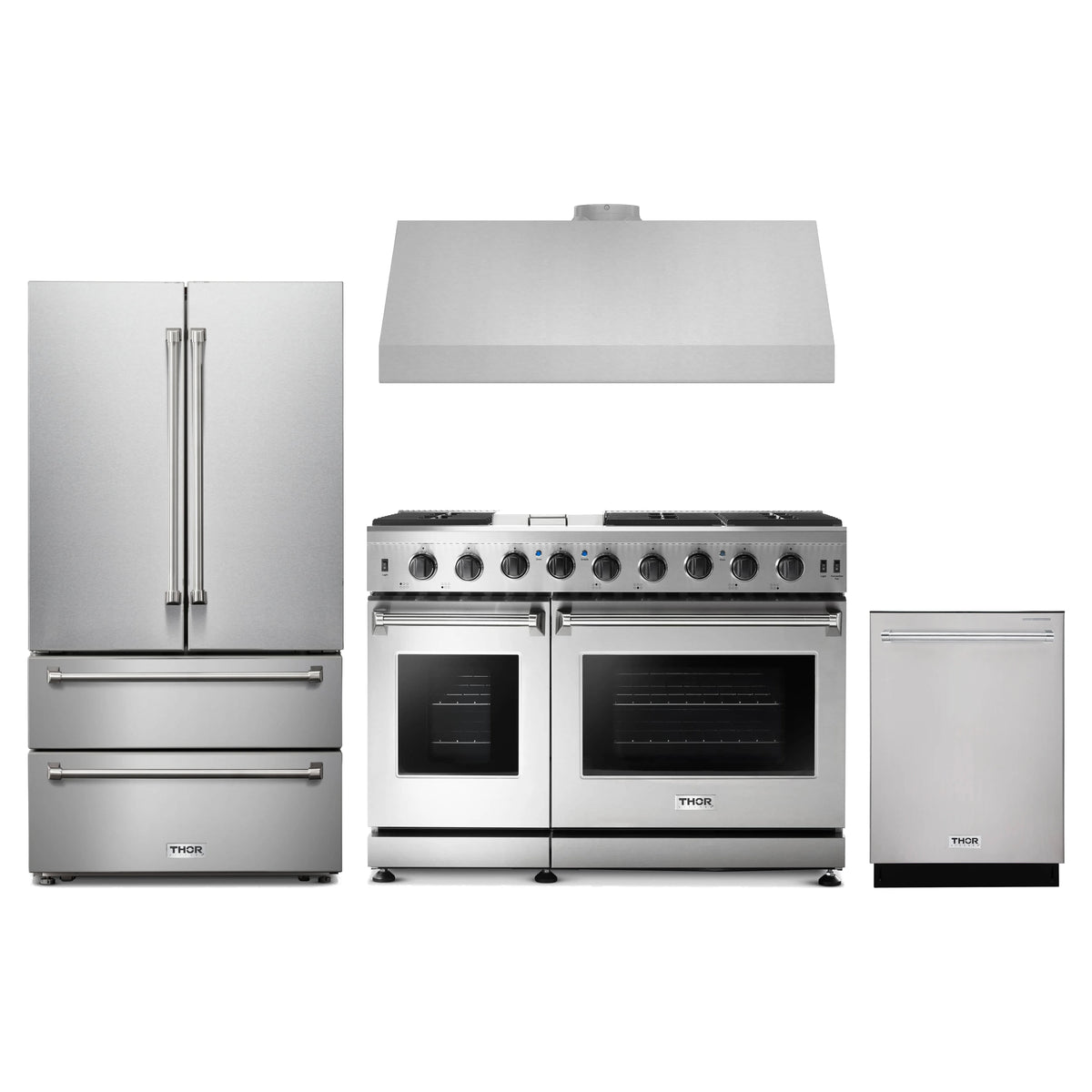 Thor Kitchen 4-Piece Appliance Package - 48-Inch Propane Gas Range, French Door Refrigerator, Under Cabinet Hood, & Dishwasher in Stainless Steel