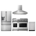 Thor Kitchen 4-Piece Appliance Package - 48-Inch Propane Gas Range, Refrigerator with Water Dispenser, Wall Mount Hood, & Dishwasher in Stainless Steel