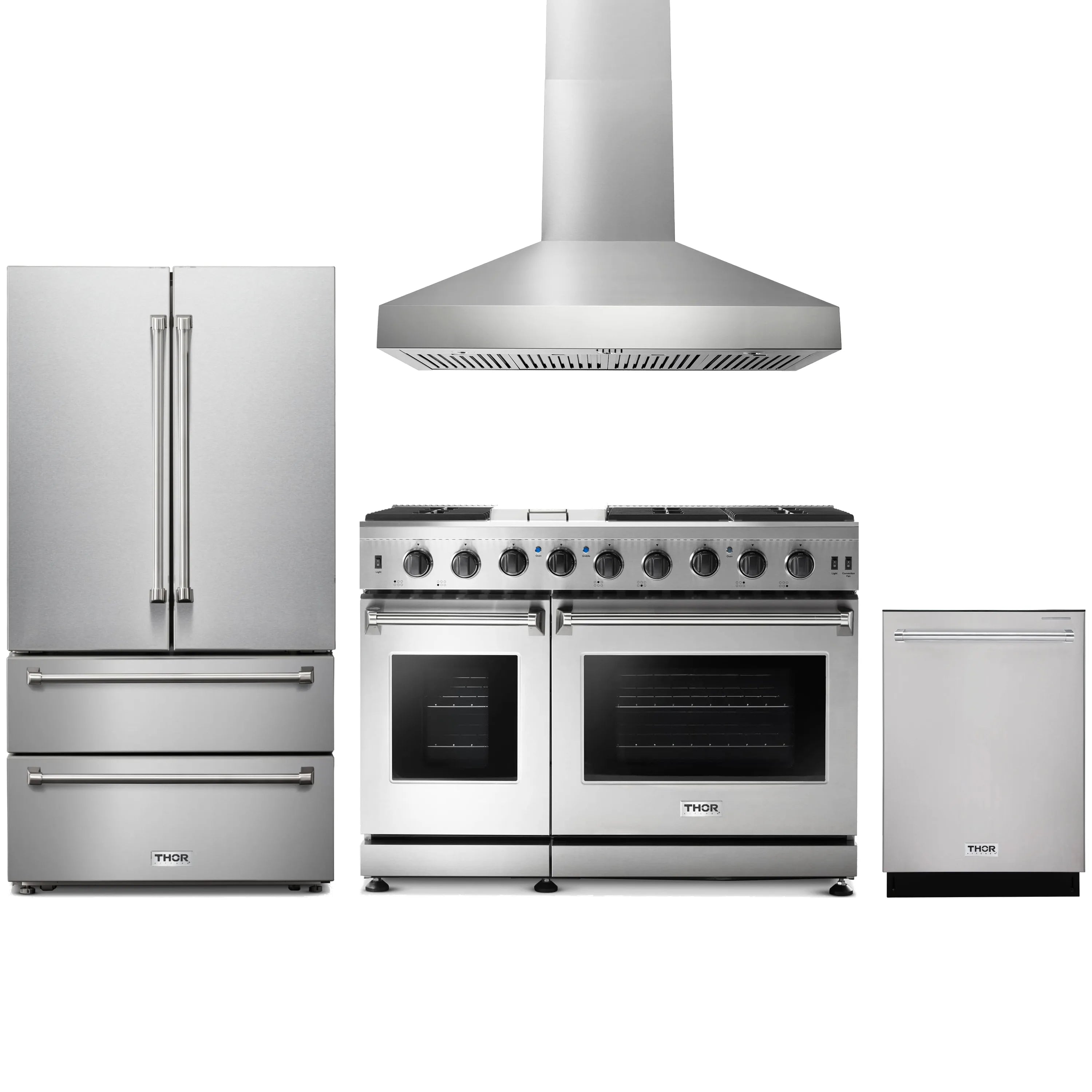 Stainless steel 4-piece appliance package with gas range, refrigerator, hood, and dishwasher