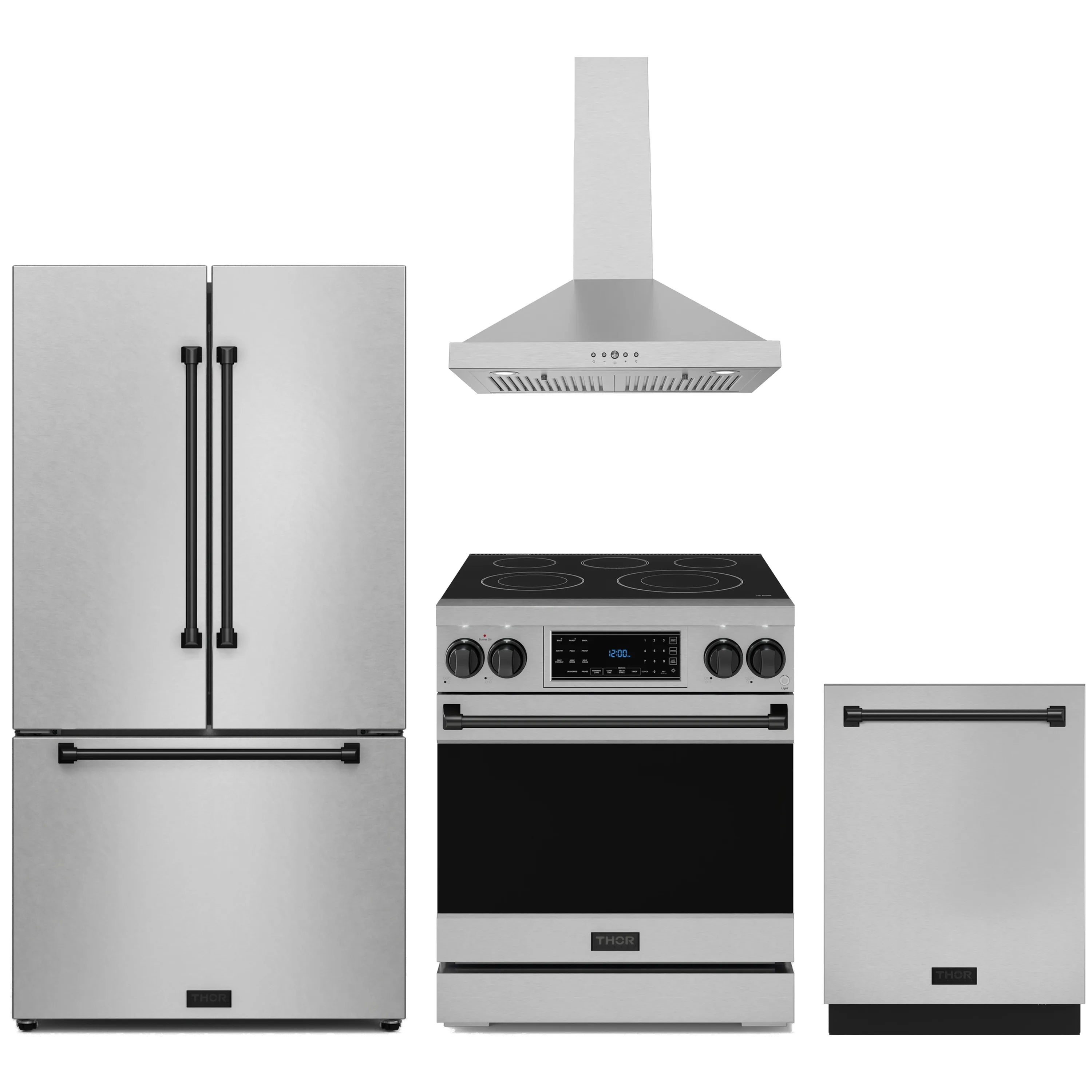 4-piece stainless kitchen set: black-trim refrigerator, range, hood, dishwasher